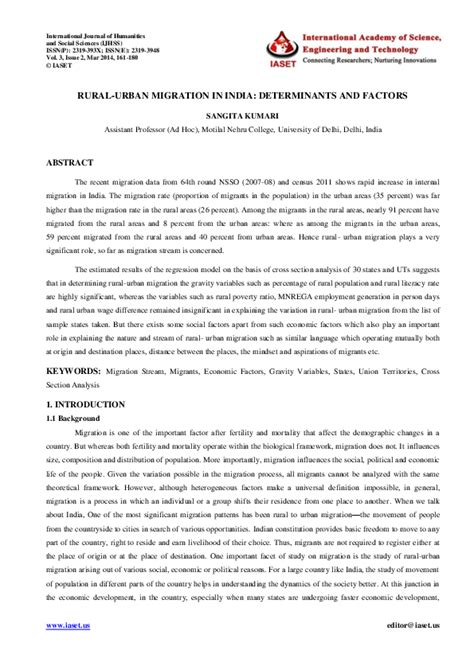 (PDF) RURAL-URBAN MIGRATION IN INDIA: DETERMINANTS AND FACTORS | IASET US - Academia.edu