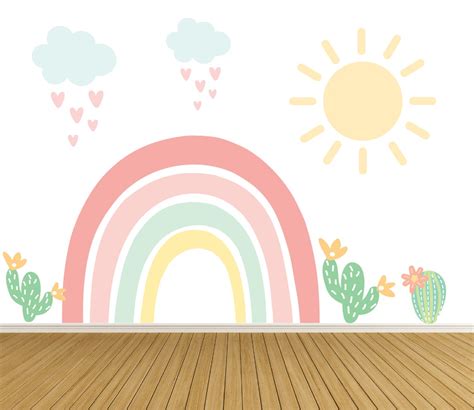 Rainbow Wall Decal With Sun, Clouds, Cactus Peel and Stick Wall Decals ...