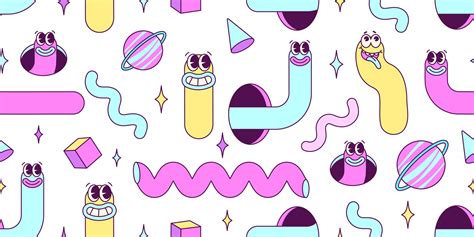 Trendy Y2K acid seamless pattern with worm and snakes and abstract shapes. Nostalgia for 90s ...