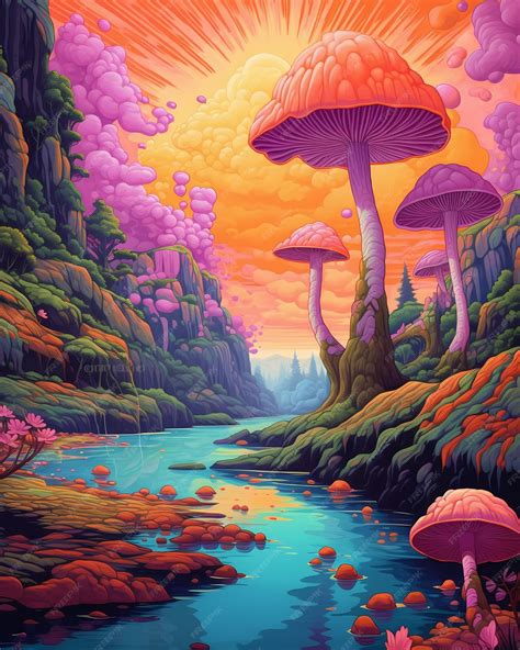 Premium AI Image | A painting of a forest with a colorful mushroom and a river in the background