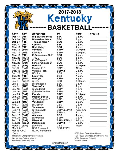 Printable 2017-2018 Kentucky Wildcats Basketball Schedule