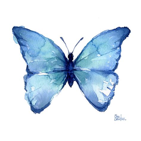 Blue Butterfly Watercolor Painting by Olga Shvartsur