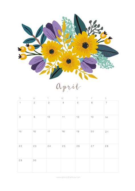 Printable April 2018 Calendar Monthly Planner - Flower Design - A Piece Of Rainbow