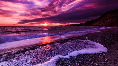 Beautiful Ocean Waves Under Purple Black Cloudy Sky During Sunrise With Reflection 4K HD Nature ...