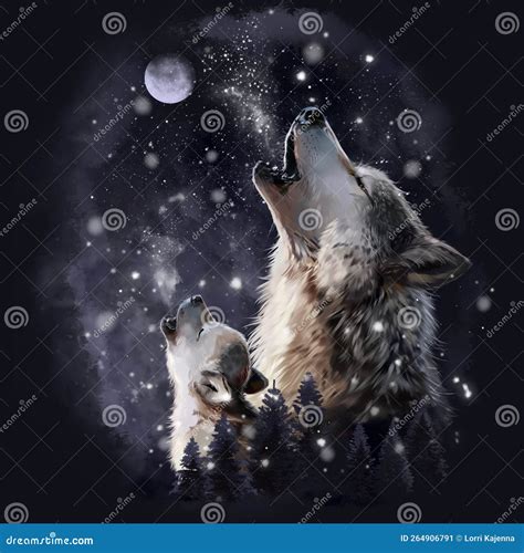 Wolf and Puppy Howling at the Moon Stock Illustration - Illustration of wildlife, grey: 264906791