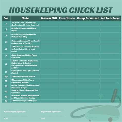 Free Hotel Housekeeping Checklist Template at Christopher Thompson blog