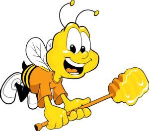 a cartoon bee flying with a honey on it's back and holding a stick