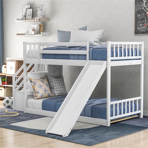 Euroco Twin over Twin Bunk Bed with Slide and Stairway for kids Room, White - Walmart.com