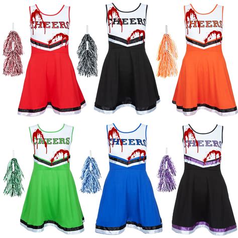 ZOMBIE CHEERLEADER FANCY DRESS HALLOWEEN ADULT BLOOD VAMPIRE COSTUME + POM POMS | eBay