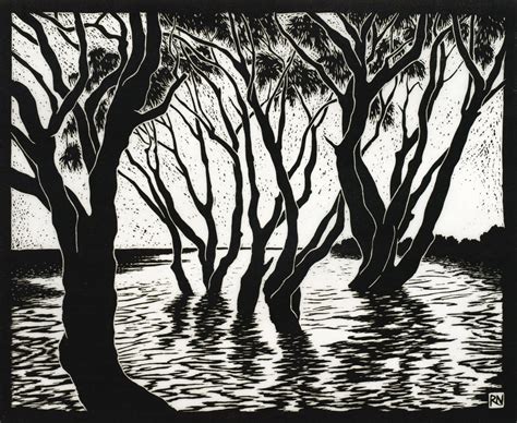 “Tea Trees Lake Ainsworth” Linocut by Rachel Newling. http://rachelnewling.com/ Tags: Linocut ...