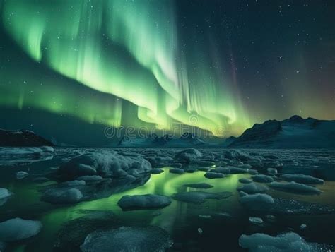 Beautiful Landscape of Aurora Borealis Over Frozen Iceland Stock ...