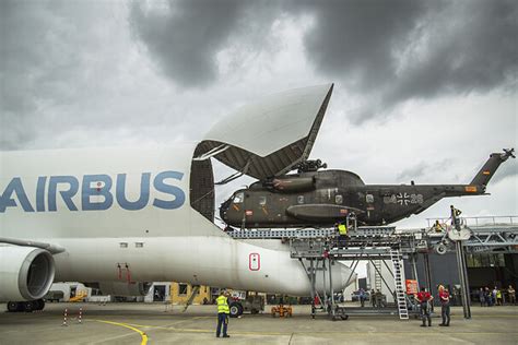 The CH-53 helicopter made a successful landing on the Airbus Beluga.