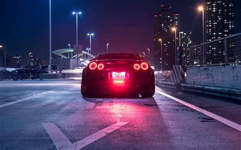 Download wallpapers Nissan GT-R, R35, rear view, night, Japan, Tokyo, tuning GT-R, Japanese ...