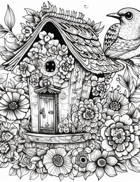 Bird House Coloring Page Instant Download Grayscale Coloring Page Printable PDF Coloring Page ...