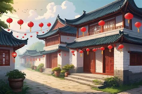 Premium Photo | Traditional chinese countryside architecture illustration with white brick wall ...