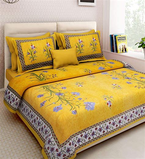 Buy Frionkandy Cotton Kashmiri Flower Print Yellow Double Bed Sheet With 2 Pillow Covers - (82 X ...