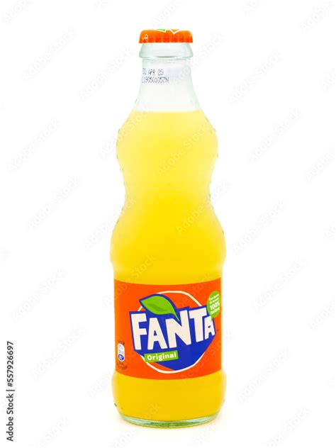 ROME, ITALY - JANUARY 2, 2023. Classic glass bottle of Fanta isolated on white background. Fanta ...