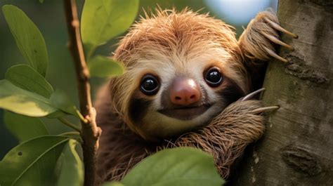 Premium AI Image | A sloth hanging upside down from a tree branch its face peering out from ...