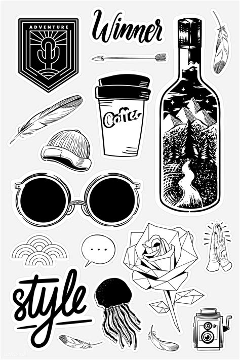 Download premium illustration of Set of black and white sticker doodle | Black and white ...