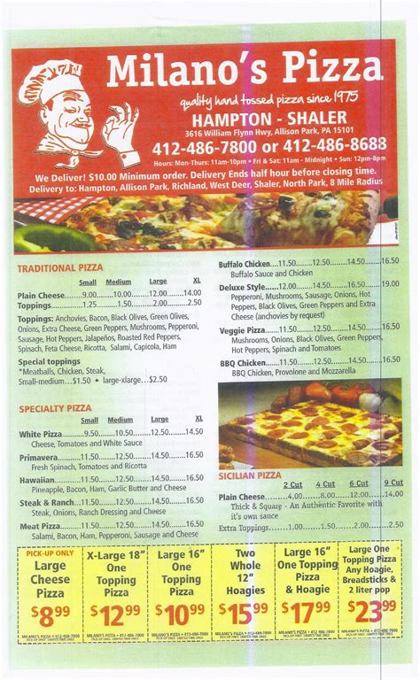 Menu at Milano's Pizza pizzeria, Hampton Township, William Flinn Hwy