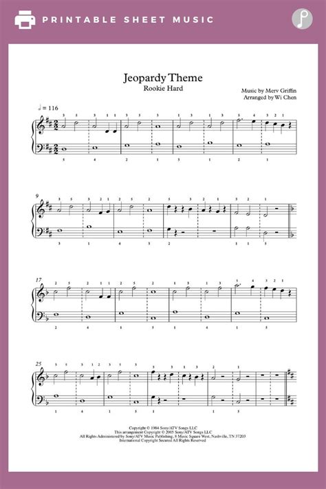 Jeopardy Theme by Merv Griffin Piano Sheet Music - Rookie Level