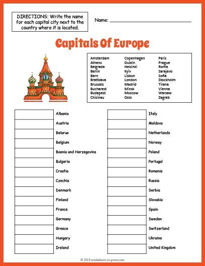 Free Capitals Of Europe Geography Worksheet Geography Classroom, Geography Worksheets ...