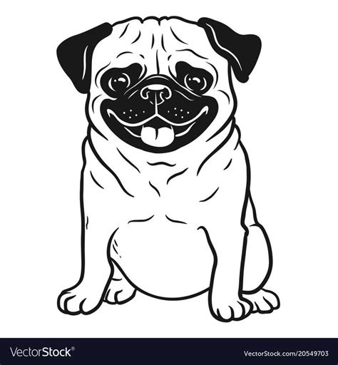 Pug dog black and white hand drawn cartoon Vector Image | Pug art, Dog line drawing, Pug dog