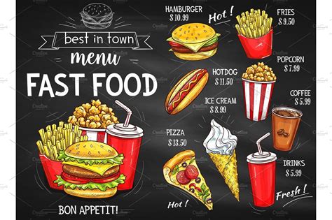 Fast food restaurant menu chalkboard design | Background Graphics ~ Creative Market