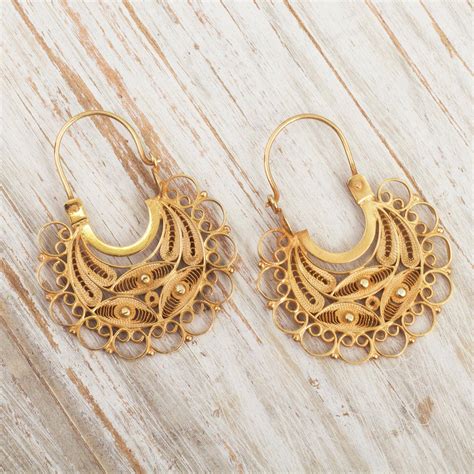 24k Gold-Plated Filigree Hoop Earrings - Golden Lace | NOVICA