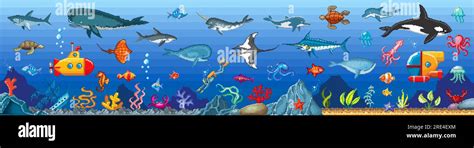 Underwater pixel game surface. Sea animals and fish, seaweed and ...