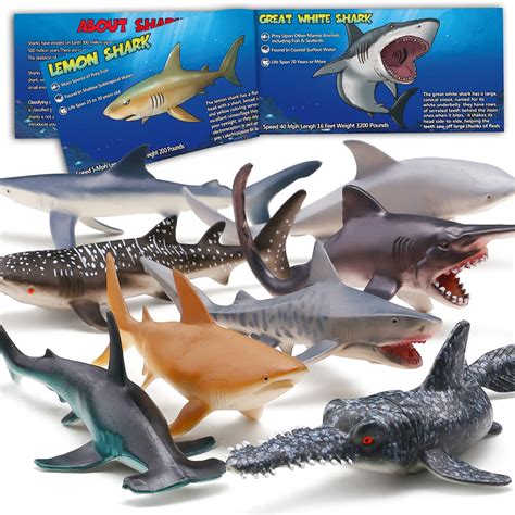 Boley Shark Toys Pack 10 Long Soft Plastic Realistic Shark Toy Set Toddler Sensory Toys And ...