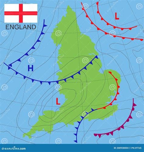 England. Realistic Synoptic Map of the England Showing Isobars and Weather Fronts ...