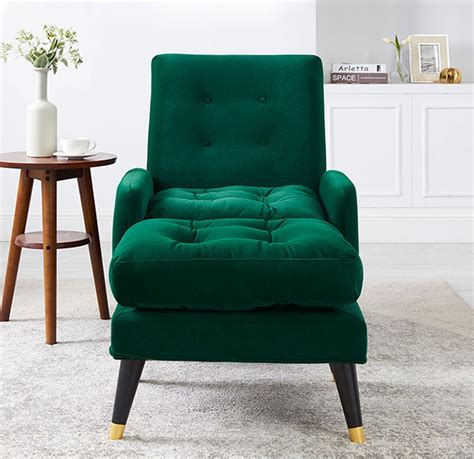 Green Velvet Upholstered Chaise Lounge Chair with Ottoman & Adjustable Back-Homary