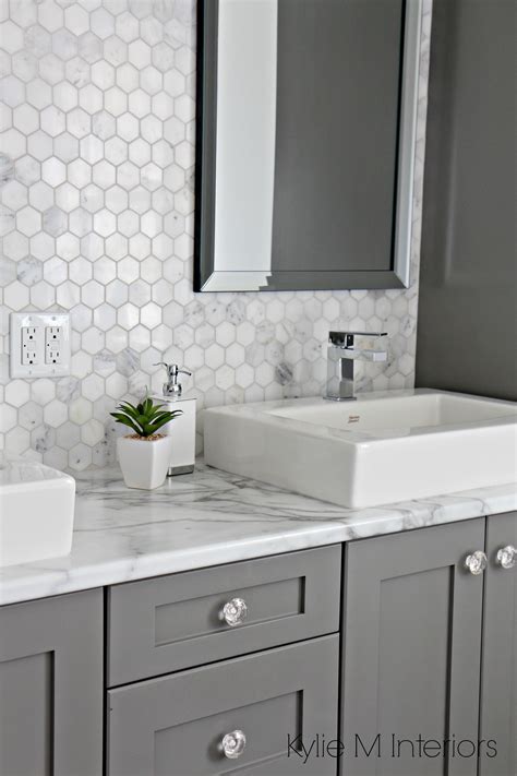 Formica 180FX Calacatta marble laminate countertop, hexagon mosaic marble backsplash and Chelse ...