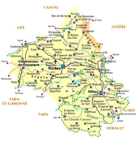 Carte de l'Aveyron (12) - Région Midi-Pyrénées Languedoc Roussillon