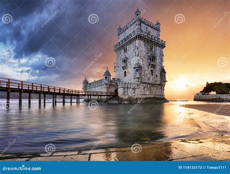 Lisbon, Belem Tower at Sunset, Lisboa - Portugal Stock Image - Image of fortification, torre ...