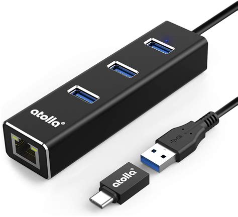 atolla USB hub with Ethernet, Aluminum 3-Port USB 3.0 Splitter RJ45 Gigabit Ethernet hub ...