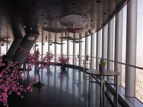 Lookout Platform of Shanghai Tower Interior with Pink Flower Decorations Editorial Photography ...