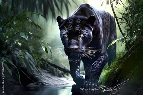 Black jaguar hunting in the jungle. AI generated illustration. Stock Illustration | Adobe Stock