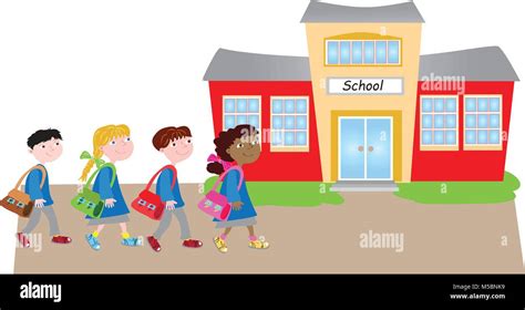 Back to School.Four cartoon children happily walking to school Stock ...