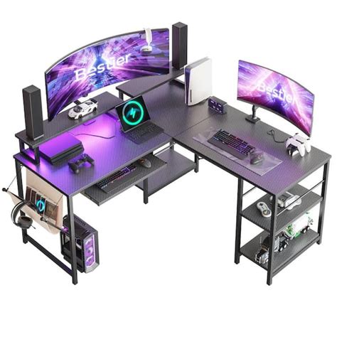 Bestier L-Shaped Desk LED 95.2 in. Computer Corner Desk with Keyboard Tray Monitor Stand Gaming ...