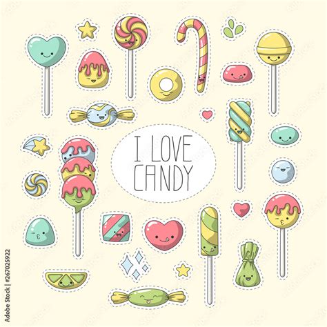 Candy Sticker. Set of cute cartoon candy characters. Vector collection for stickers, patches ...