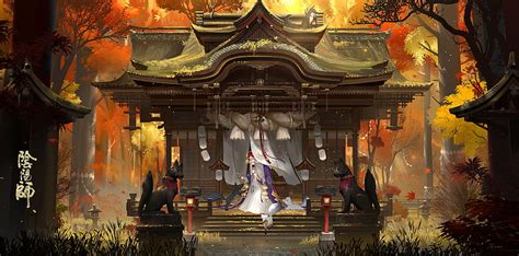 Anime landscape, creatures, shrine, forest, statue, miko, japanese ...