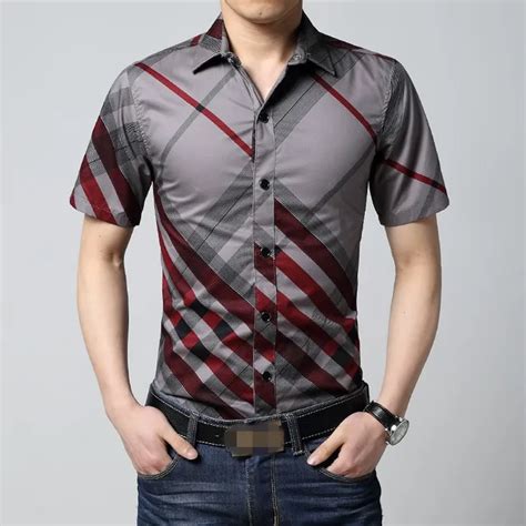 6XL Red and Black Plaid Shirt Men Summer Mens Short Sleeve Dress Shirts Casual Striped Slim Fit ...