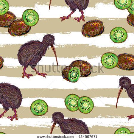 Seamless pattern with flightless New Zealand kiwi bird and kiwi fruit ...