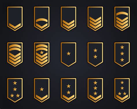 Military Insignia Soldier Icon Set. Chevron Stripes Badge Gold Logo. Sergeant, General, Major ...