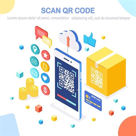 Scan QR code to phone. Mobile barcode reader, scanner with cardboard carton box, cloud, credit ...