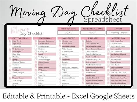 Moving Day Checklist Template Excel Spreadsheet, Moving Day Survival ...