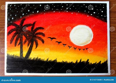 Sunset scenery Drawing stock photo. Image of beauty - 214715608