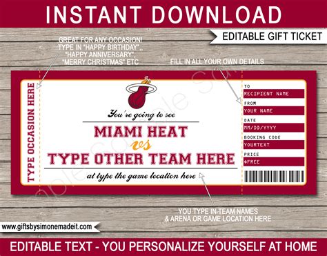 Miami Heat Game Ticket Gift Voucher | Printable Surprise NBA Basketball ...